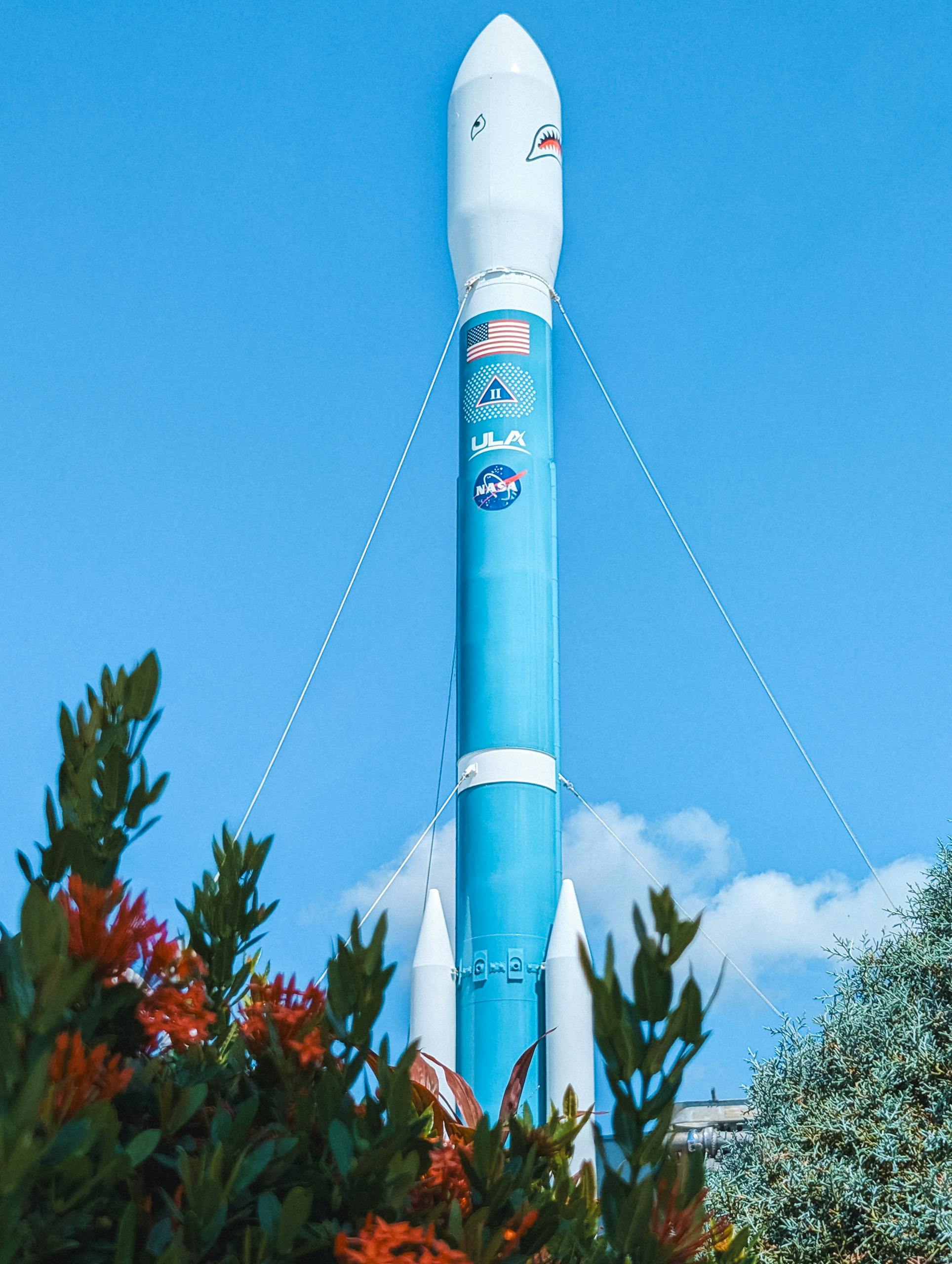 A vibrant blue rocket against a clear sky with flowers in the foreground.
